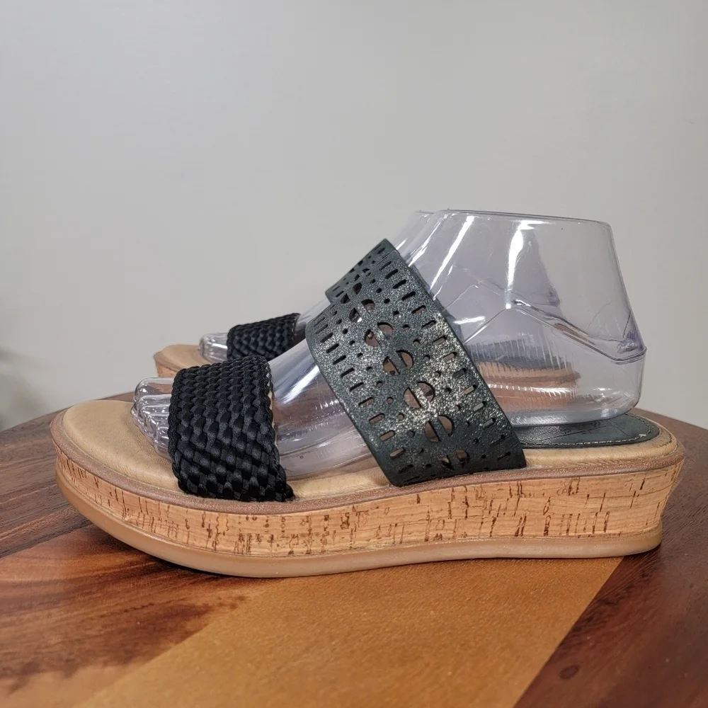 Latigo Kate Black Wedge Sandals Size 8 Shimmer Woven Cork Wedge